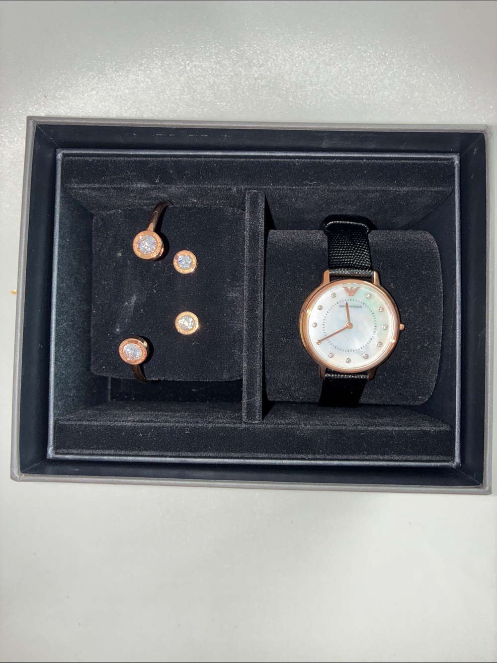 Emporio Armani Rose Gold Tone Watch with Black Mesh Strap and Crystal Earrings